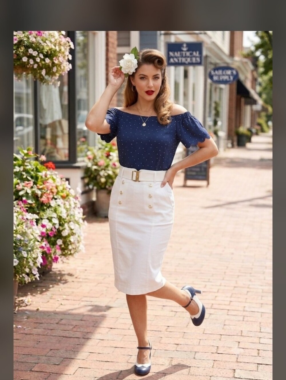 Elle Navy Off The Shoulder Flutter Sleeves Top White Polka Dot, Medium - Picture 4 of 13
